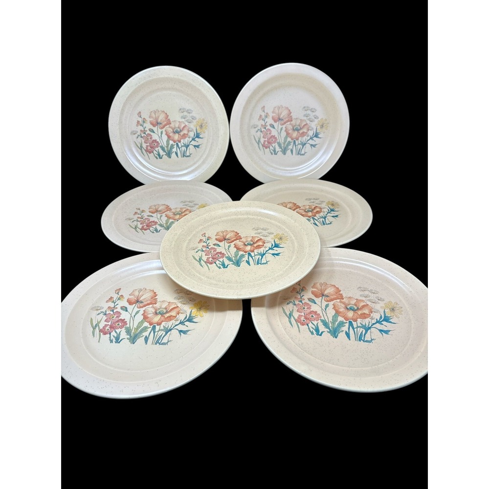7 Vintage 1970's Treasure Craft Pottery Wildflower Speckled Dinner Plates 10.5"